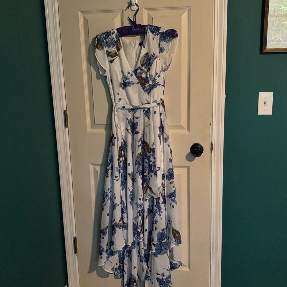 Lulu's White Floral Dress with Blue and Brown Details